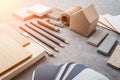 Top view of architects table with stuff of modern house with mat Royalty Free Stock Photo