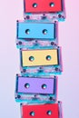 top view of arranged colorful audio cassettes