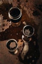 top view of arranged mugs of beer