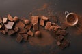 Arrangement of various types of chocolate, truffles and sieve with cocoa powder