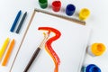 Top view of art album pages, brushes and drawing crayons Royalty Free Stock Photo