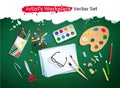 Top view artist workplace vector set