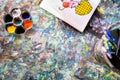 Top view,artistic tools on colourful table,drawing and palette,paintbrush to painting watercolor on canvas,learning,activity and Royalty Free Stock Photo