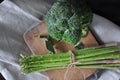 Top view of Asparagus on Cutting Board with Broccoli Royalty Free Stock Photo