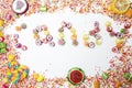 Frame of assorted candies with candy word