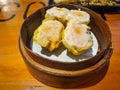 Top View of Assorted Chinese Dimsum in bamboo basket.