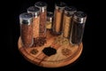 top view on assorted grains in tall glass jars on board