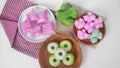 Top view assorted popular indonesian market munches in a white background