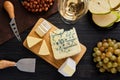 Top view of assortment of cheese and snack for wine