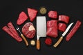 Overhead view of assortment of fresh raw beef meat steaks Royalty Free Stock Photo