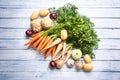 Top of view assortment fresh vegetables on wooden table Royalty Free Stock Photo