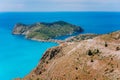 Top view of Assos village located in cute bay on beautiful blue sea coastline, Kefalonia island, Greece