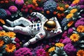 top view of an astronaut lying in a vibrantly colored flower garden, contrasting the concept of relaxation in space