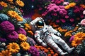 top view of an astronaut lying in a vibrantly colored flower garden, contrasting the concept of relaxation in space