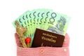 Top view of Australian cash money with Thai passport and kangaroo. Royalty Free Stock Photo