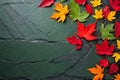 autumn leaves frame, Autumn background with colored red leaves on green slate background. Top view, copy space, Generative AI