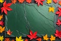 autumn leaves frame, Autumn background with colored red leaves on green slate background. Top view, copy space, Generative AI