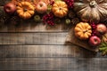 Top view of Autumn maple leaves with Pumpkin and red berries on old wooden backgound. Royalty Free Stock Photo