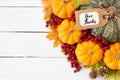 Autumn maple leaves with Pumpkin and red berries on white wooden background. Thanksgiving day concept Royalty Free Stock Photo