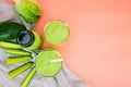 Top view, Avocado and green cos salad blended in a glass, healthy drinking water Royalty Free Stock Photo