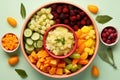 top view of baby bowl with mashed fruits and vegetables