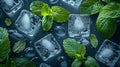 top view background pattern with ice cubes and mint leaves and waterdrops, blue background Royalty Free Stock Photo