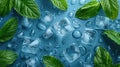 top view background pattern with ice cubes and mint leaves and waterdrops, blue background Royalty Free Stock Photo