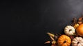 Top view background with pumpkins and autumn leaves on a black background.Halloween concept Royalty Free Stock Photo