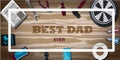 Top view of a background with sports equipment. The inscription is the best dad. Sports fan table with Darts, water