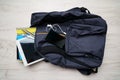 Top view of a backpack with a tablet, phone, headphones, notebooks, and pens Royalty Free Stock Photo