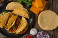 Top view of backstage cooking traditional mexican tacos. Tasty street food concept Royalty Free Stock Photo