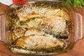 Top view of baked mackerel in the glass pan for baking Royalty Free Stock Photo