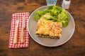 Top view of baked salmon lasagna with cheese and spinach Royalty Free Stock Photo