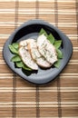 Top view with baked slices of chicken meat on a black plate Royalty Free Stock Photo