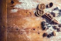 Top of view bakery table full of christmas aromatic ingredients