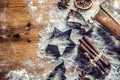 Top of view bakery table full of christmas aromatic ingredients