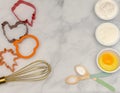 Top view baking ingredients on marble background with copy space. Holiday baking concept. Fall baking concept