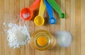 Top view of baking ingredients (flour, egg and sugar) Royalty Free Stock Photo