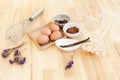 Top View Baking Preparation on wooden Table,Baking ingredients. Bowl, eggs and flour, rolling pin and eggshells on wooden board,