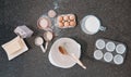 Top view, baking product and kitchen counter with eggs, flour and butter utensils on table. Food and cooking ingredients