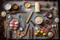 top view of baking utensils and biscuit ingredients