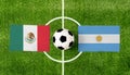 Top view ball with Mexico vs. Argentina flags match on green football field