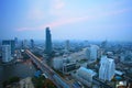 Top view of bangkok skyscraper and traffic crossing chaopraya ri Royalty Free Stock Photo