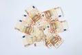 Top view of banknotes of the european union valeur 50 euros a piece on white background. Money and economy of european country Royalty Free Stock Photo