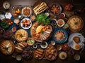 Top view of a banquet with food