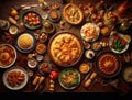 Top view of a banquet with food