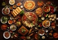 Top view of a banquet with food