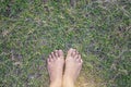 Bare foot of woman feet standing on the green grass for relaxation Royalty Free Stock Photo