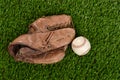 Top view baseball glove and ball