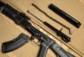 Top view of the basic parts of a disassembled assault rifle Royalty Free Stock Photo